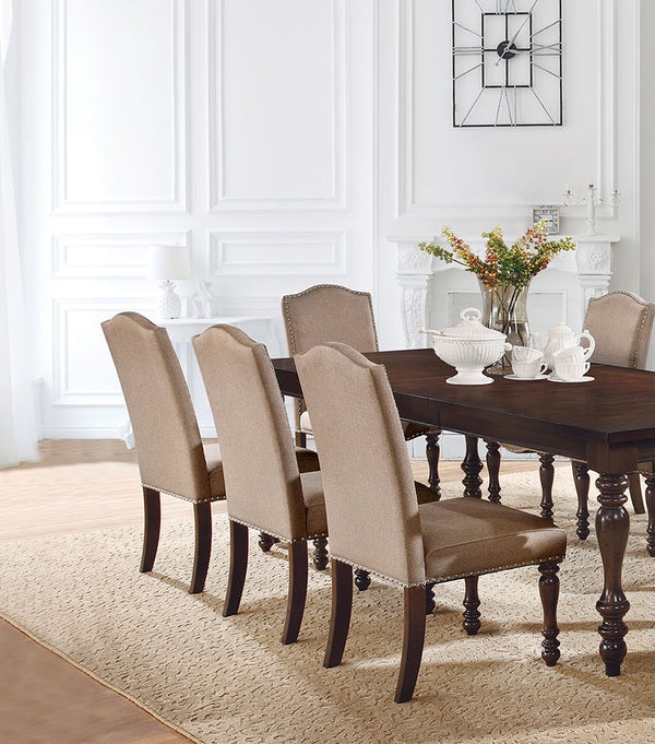 English Elm Transitional Antique Cherry Beige Padded Fabric Side Chairs Set of 2 with Turned Legs & Nailhead Trim - Elegant Dining Accent B011P152638
