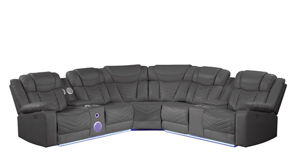 English Elm Challenger Modern Recliner Sectional Sofa with Power Recline, USB Ports, Bluetooth, LED, Cup Holders Gray B009S01266