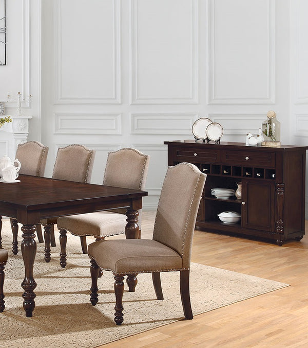 English Elm Transitional Antique Cherry Beige Padded Fabric Side Chairs Set of 2 with Turned Legs & Nailhead Trim - Elegant Dining Accent B011P152638