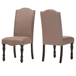 English Elm Transitional Antique Cherry Beige Padded Fabric Side Chairs Set of 2 with Turned Legs & Nailhead Trim - Elegant Dining Accent B011P152638