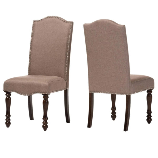English Elm Transitional Antique Cherry Beige Padded Fabric Side Chairs Set of 2 with Turned Legs & Nailhead Trim - Elegant Dining Accent B011P152638