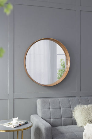 English Elm 31.5" Round Pine Wood Wall Mirror Natural Grain Scandinavian Style for Any Room W2078P152649