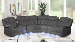 English Elm Challenger Modern Recliner Sectional Sofa with USB, Bluetooth, LED Controls, Cup Holders, Faux Leather Gray B009S01895