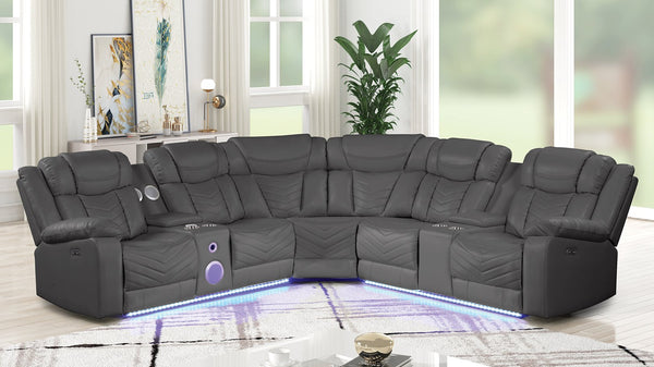 English Elm Challenger Modern Recliner Sectional Sofa with Power Recline, USB Ports, Bluetooth, LED, Cup Holders Gray B009S01266