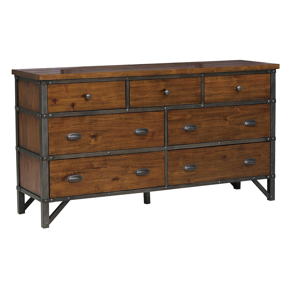 English Elm Industrial Holverson 7-Drawer Dresser 66" Rustic Brown Acacia Veneer with Gunmetal Frame & Rivet Accents B011P152673