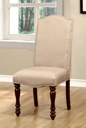 English Elm Transitional Antique Cherry Beige Padded Fabric Side Chairs Set of 2 with Turned Legs & Nailhead Trim - Elegant Dining Accent B011P152638