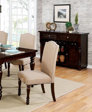 English Elm Transitional Antique Cherry Beige Padded Fabric Side Chairs Set of 2 with Turned Legs & Nailhead Trim - Elegant Dining Accent B011P152638