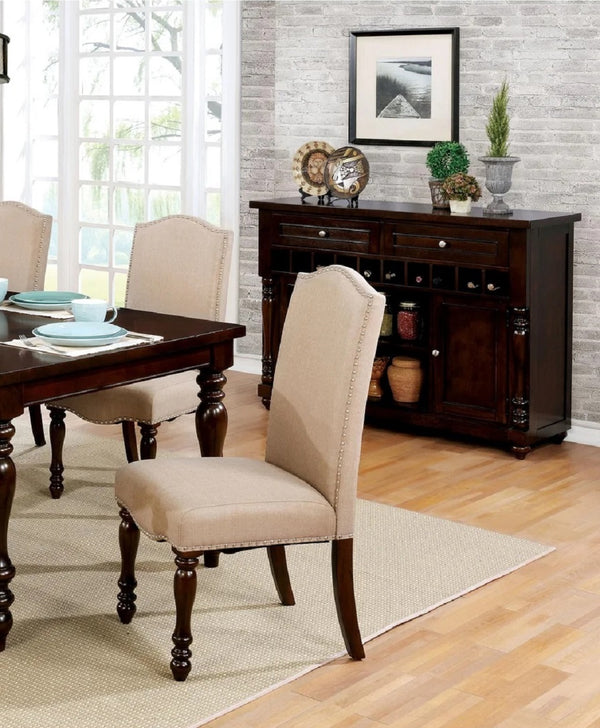 English Elm Transitional Antique Cherry Beige Padded Fabric Side Chairs Set of 2 with Turned Legs & Nailhead Trim - Elegant Dining Accent B011P152638