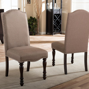 English Elm Transitional Antique Cherry Beige Padded Fabric Side Chairs Set of 2 with Turned Legs & Nailhead Trim - Elegant Dining Accent B011P152638
