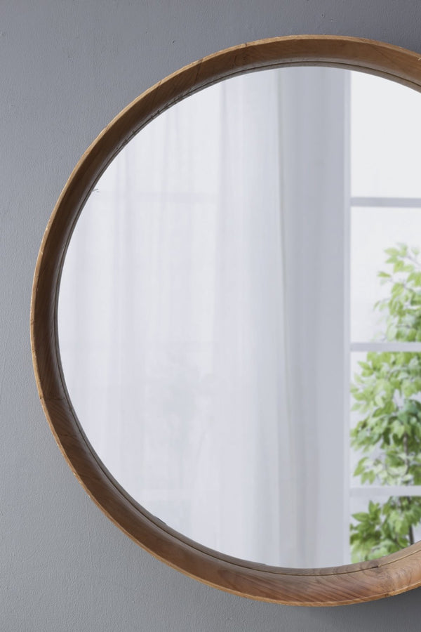 English Elm 31.5" Round Pine Wood Wall Mirror Natural Grain Scandinavian Style for Any Room W2078P152649