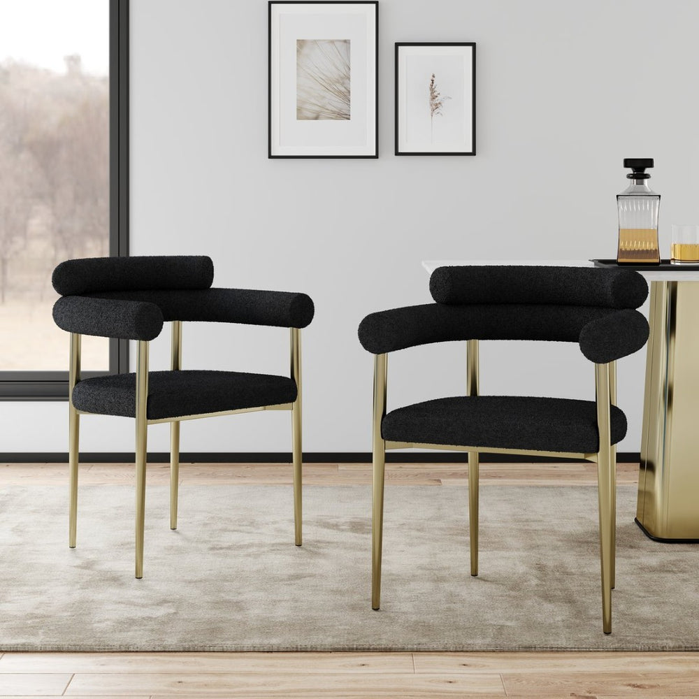 English Elm Woker Boucle Sherpa Dining Chairs Set of 2 Mid-century Curved Seat Black Metal Legs W1567139483