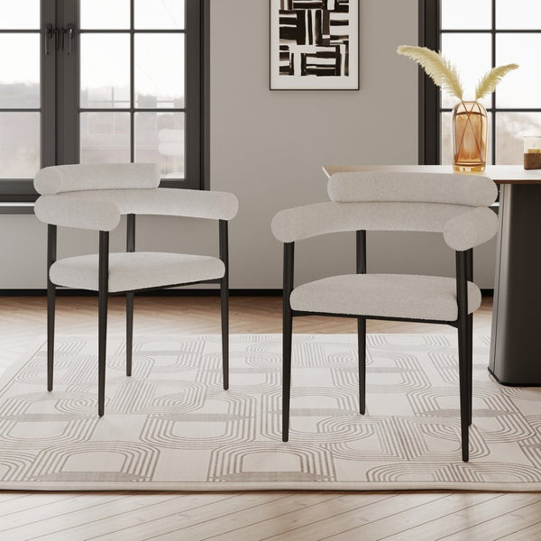 English Elm Woker Boucle Sherpa Dining Chairs Set of 2 Mid-century Curved Seat Black Metal Legs W1567139484