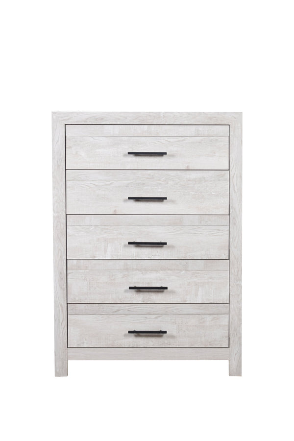 English Elm Denver Modern 5-Drawer Chest in Natural Rustic Wood – Contemporary Compact Storage, 16"L x36"W x51"H G150108556
