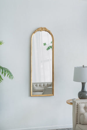 English Elm 19"x56" Arched Floor Mirror Carved Floral Wood Frame Gold Finish Bedroom Decor W2078P152648