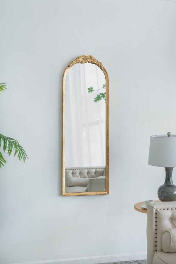 English Elm 19"x56" Arched Floor Mirror Carved Floral Wood Frame Gold Finish Bedroom Decor W2078P152648