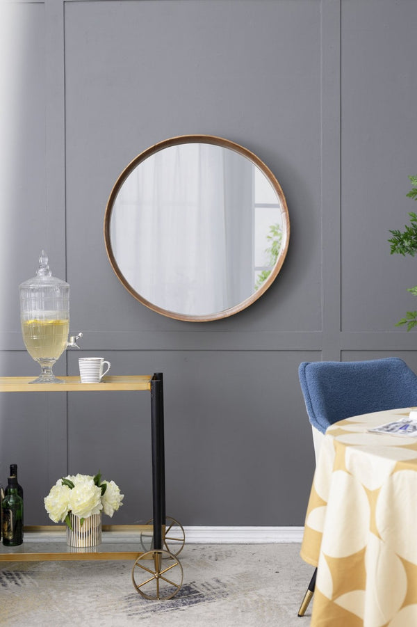 English Elm 31.5" Round Pine Wood Wall Mirror Natural Grain Scandinavian Style for Any Room W2078P152649
