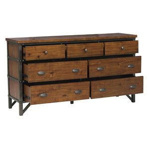 English Elm Industrial Holverson 7-Drawer Dresser 66" Rustic Brown Acacia Veneer with Gunmetal Frame & Rivet Accents B011P152673