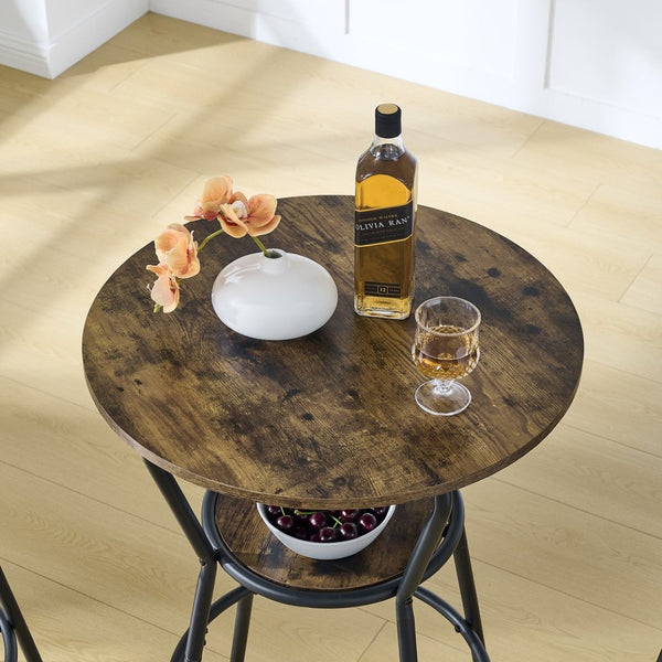English Elm Round Pub Height Bar Set with Shelf Upholstered Stool Rustic Farmhouse Kitchen W1903P149221