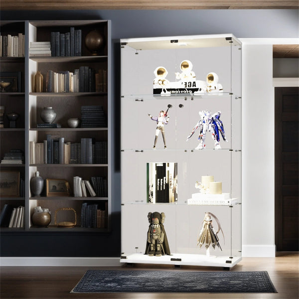 English Elm Lighted Tempered Glass Display Cabinet with Locked Doors, 4 Shelves, Secure Showcase for Collectibles White W1510S00009