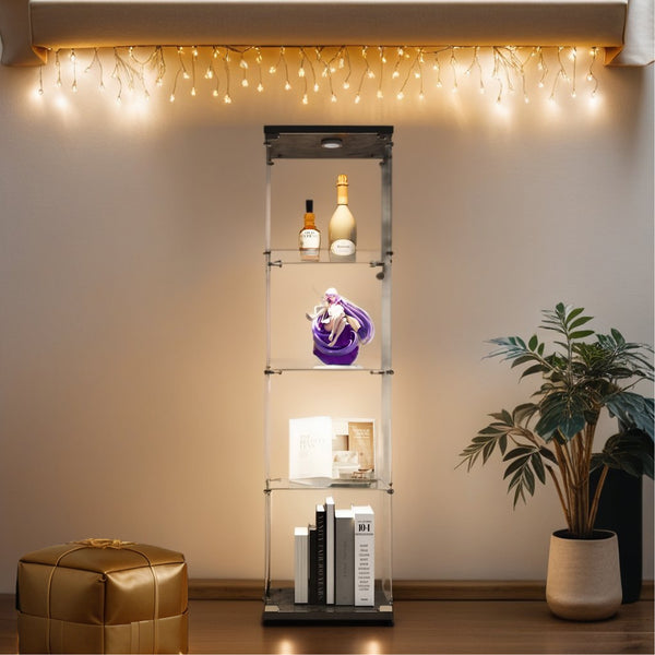 English Elm Lighted Tempered Glass Display Cabinet with 4 Shelves and One Door, Large Curio Storage Solution Black W1510136016