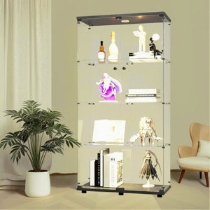 English Elm Lighted Tempered Glass Display Cabinet with Locked Doors, 4 Shelves, Secure Showcase for Collectibles Black W1510S00007