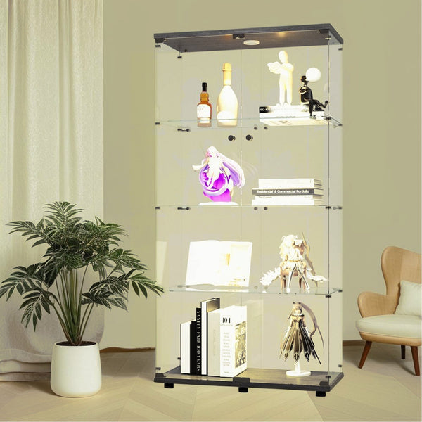 English Elm Lighted Tempered Glass Display Cabinet with Locked Doors, 4 Shelves, Secure Showcase for Collectibles Black W1510S00007