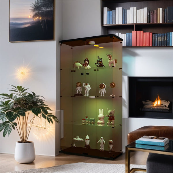 English Elm Lighted Tempered Glass Display Cabinet with Locked Doors, 4 Shelves, Secure Showcase for Collectibles Black Brown W1510S00008