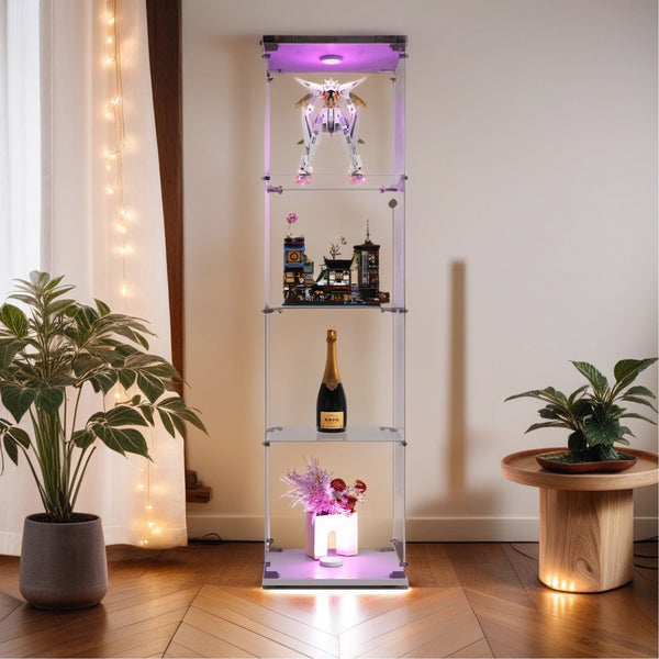 English Elm Lighted Tempered Glass Display Cabinet with 4 Shelves and One Door, Large Curio Storage Solution White W1510136020