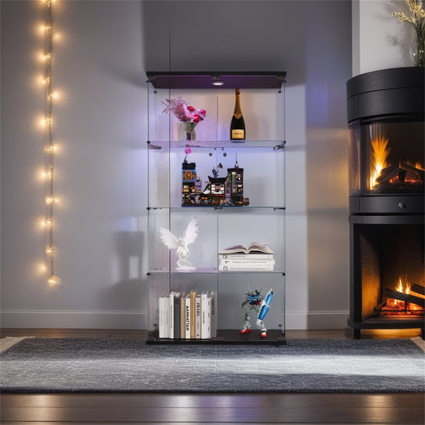 English Elm Lighted Tempered Glass Display Cabinet with Locked Doors, 4 Shelves, Secure Showcase for Collectibles Black W1510S00007