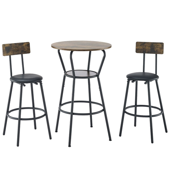 English Elm Round Pub Height Bar Set with Shelf Upholstered Stool Rustic Farmhouse Kitchen W1903P149221