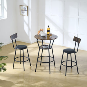 English Elm Round Pub Height Bar Set with Shelf Upholstered Stool Rustic Farmhouse Kitchen W1903P149221