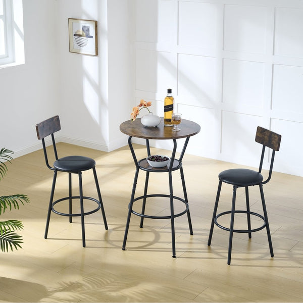 English Elm Round Pub Height Bar Set with Shelf Upholstered Stool Rustic Farmhouse Kitchen W1903P149221