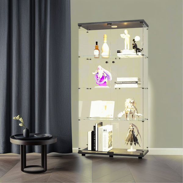 English Elm Lighted Tempered Glass Display Cabinet with Locked Doors, 4 Shelves, Secure Showcase for Collectibles Black W1510S00007