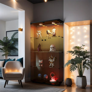 English Elm Lighted Tempered Glass Display Cabinet with Locked Doors, 4 Shelves, Secure Showcase for Collectibles Black Brown W1510S00008