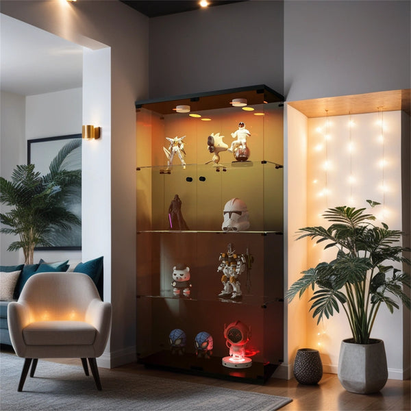 English Elm Lighted Tempered Glass Display Cabinet with Locked Doors, 4 Shelves, Secure Showcase for Collectibles Black Brown W1510S00008