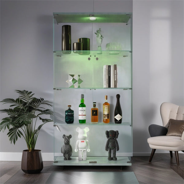 English Elm Lighted Tempered Glass Display Cabinet with Locked Doors, 4 Shelves, Secure Showcase for Collectibles White W1510S00009