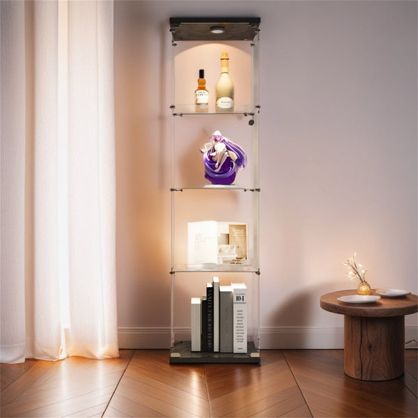 English Elm Lighted Tempered Glass Display Cabinet with 4 Shelves and One Door, Large Curio Storage Solution Black W1510136016