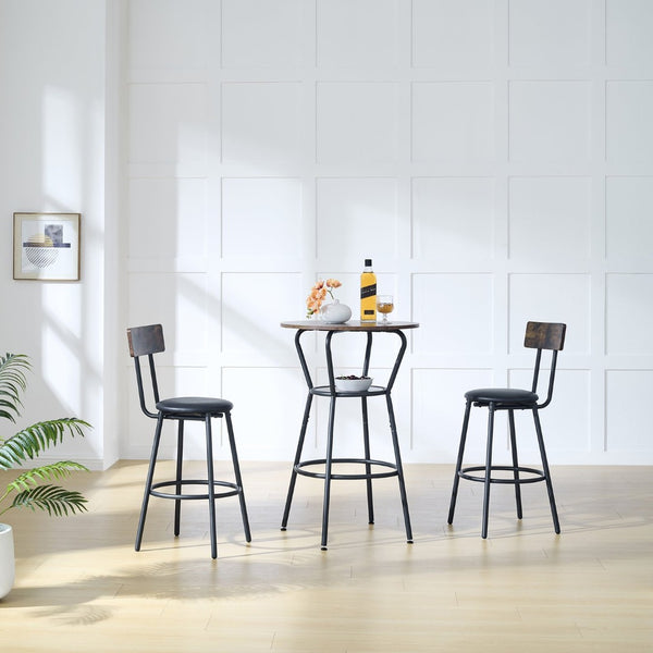English Elm Round Pub Height Bar Set with Shelf Upholstered Stool Rustic Farmhouse Kitchen W1903P149221