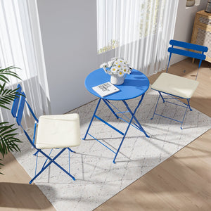 English Elm 3 Pieces Patio Bistro Metal Chair Table Set Compact Folding Balcony Ensemble with Sturdy Comfort - Space-Saving Stylish Design Blue W400128198