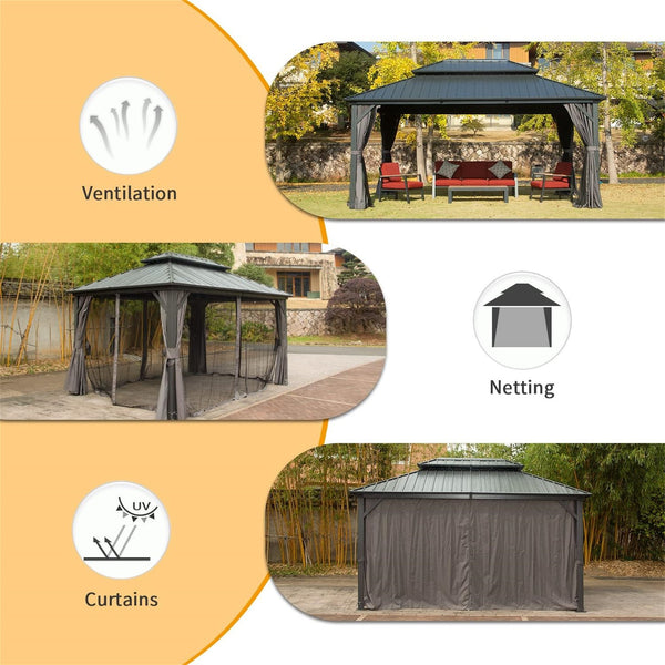 English Elm 10' Hardtop Gazebo Pavilion with Double Roof, Aluminum & Galvanized Steel, Curtains & Netting for Outdoor Living Gray W1859S00051
