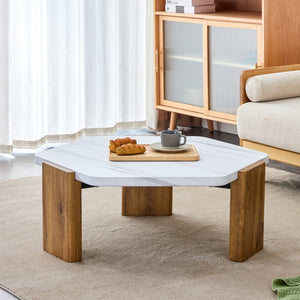 English Elm Modern Practical Mdf Coffee Table With White Tabletop and Wooden Toned Legs. Suitable For Living Rooms and Guest Rooms.