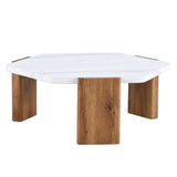 English Elm Modern Practical Mdf Coffee Table With White Tabletop and Wooden Toned Legs. Suitable For Living Rooms and Guest Rooms.