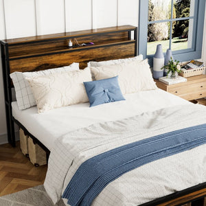 English Elm Queen Industrial Bed Frame with Led Headboard Shelf Charging Ports and Metal Slat Base W1903P151337