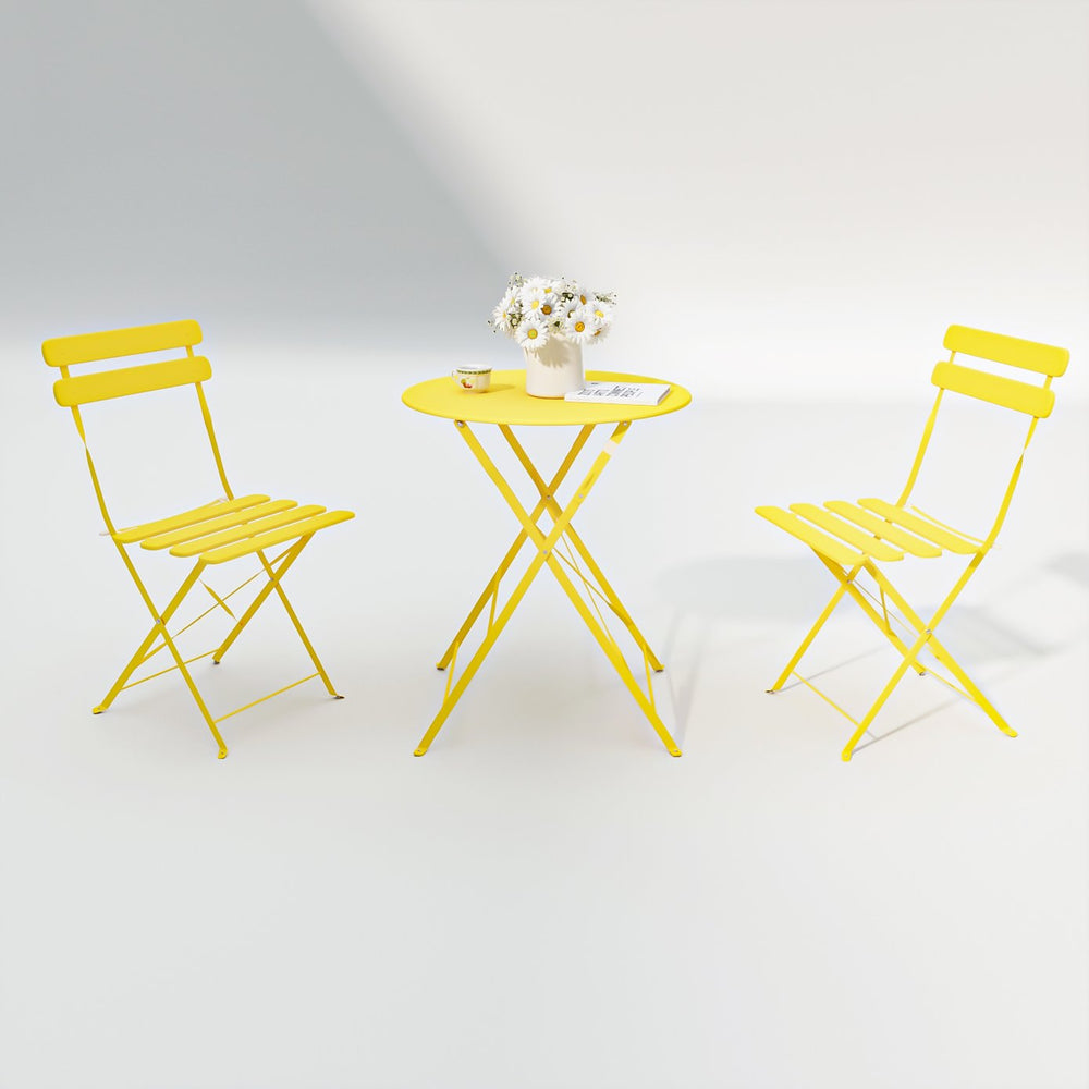 English Elm 3 Pieces Patio Bistro Metal Chair Table Set Compact Folding Balcony Ensemble with Sturdy Comfort - Space-Saving Stylish Design Yellow W400128191