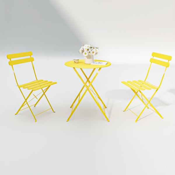 English Elm 3 Pieces Patio Bistro Metal Chair Table Set Compact Folding Balcony Ensemble with Sturdy Comfort - Space-Saving Stylish Design Yellow W400128191