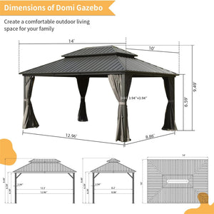English Elm 10' Hardtop Gazebo Pavilion with Double Roof, Aluminum & Galvanized Steel, Curtains & Netting for Outdoor Living Gray W1859S00051