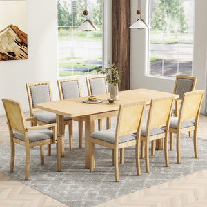 English Elm TOPMAX Rustic Extendable Dining Set with 84" Table and 24" Leaf, 9-Piece Wood Frame, Upholstered Chairs Natural+Grey SP000038AAD