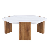 English Elm Modern Practical Mdf Coffee Table With White Tabletop and Wooden Toned Legs. Suitable For Living Rooms and Guest Rooms.