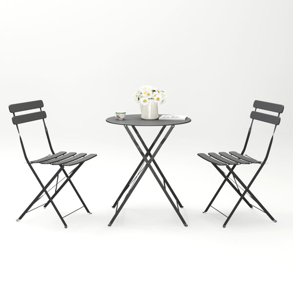 English Elm 3 Pieces Patio Bistro Metal Chair Table Set Gray — Folding, Space-Saving, Durable Comfort for Balcony & Cafe W400128200