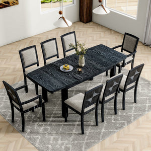 English Elm TOPMAX Rustic Extendable Dining Set with 84" Table and 24" Leaf, 9-Piece Wood Frame, Upholstered Chairs Black+ Gray SP000038AAB